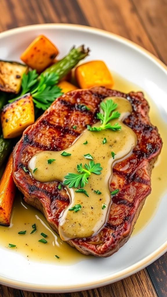 A savory garlic butter steak with a rich sauce and garnished with parsley, served with roasted vegetables on a rustic table.